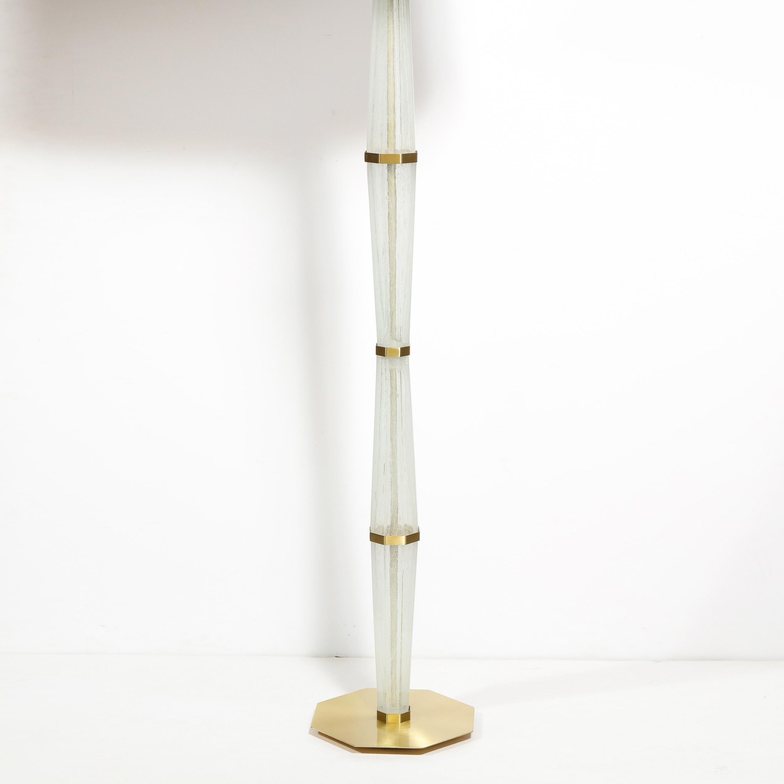 Modernist Hand Blown White Murano Glass and Polished Brass Hourglass Floor Lamps For Sale 2