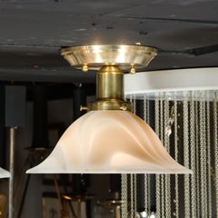 Modernist Handblown White Swirling Murano Glass Flush Mount with Brass Fittings