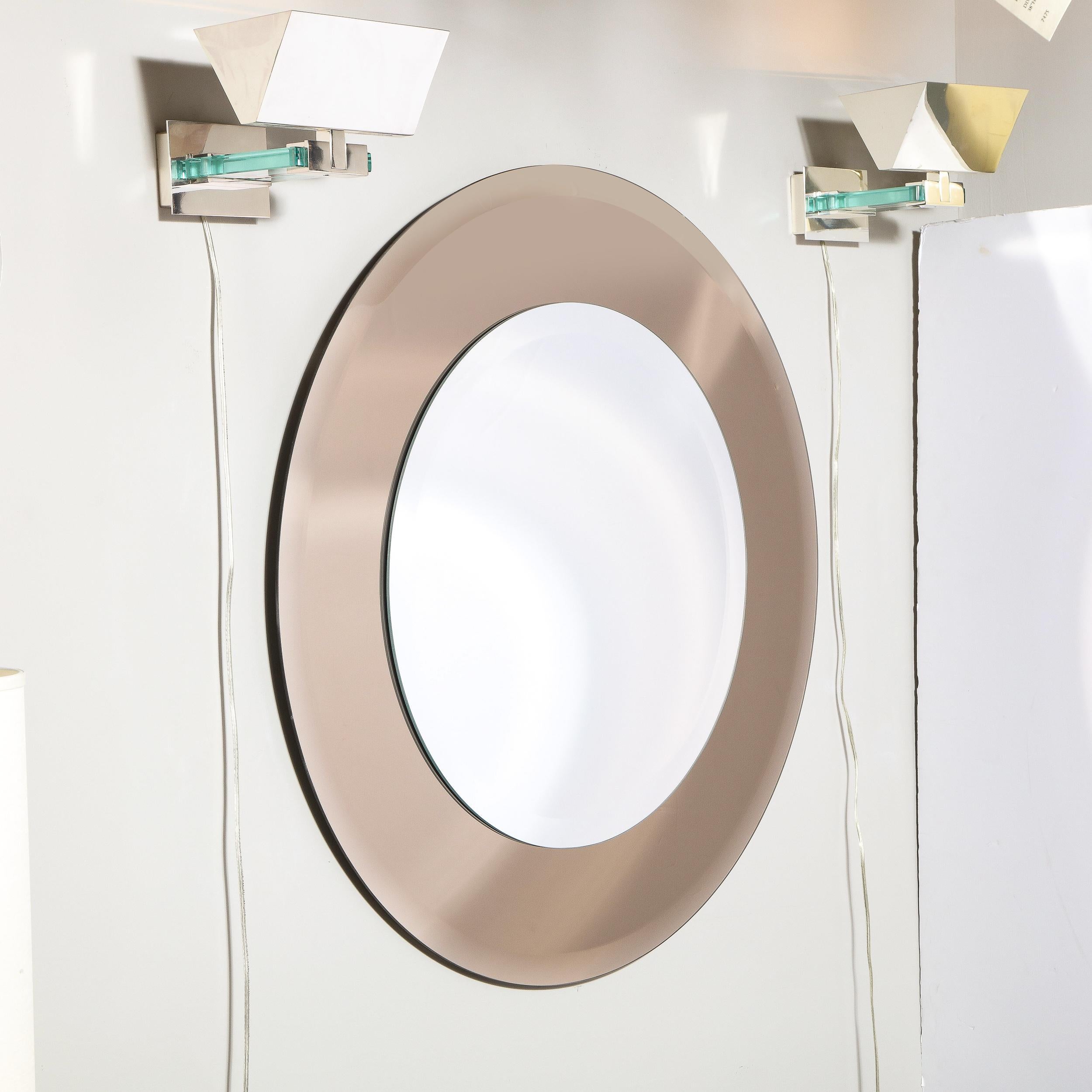 Américain Miroir circulaire moderniste fabriqué à la main à deux niveaux en bronze fumé et Starfire en vente