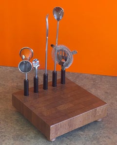 Modernist Handcrafted Stainless Steel & Teak Cocktail Bar Tool Set by Atapco