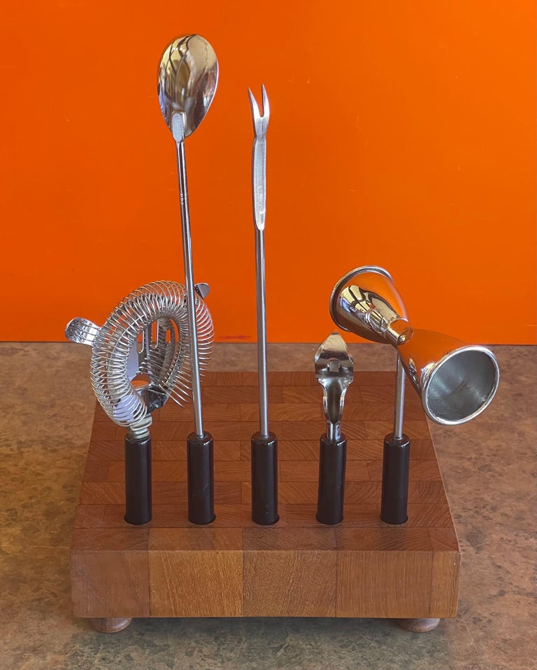 Modernist Handcrafted Stainless Steel and Teak Cocktail Bar Tool Set by