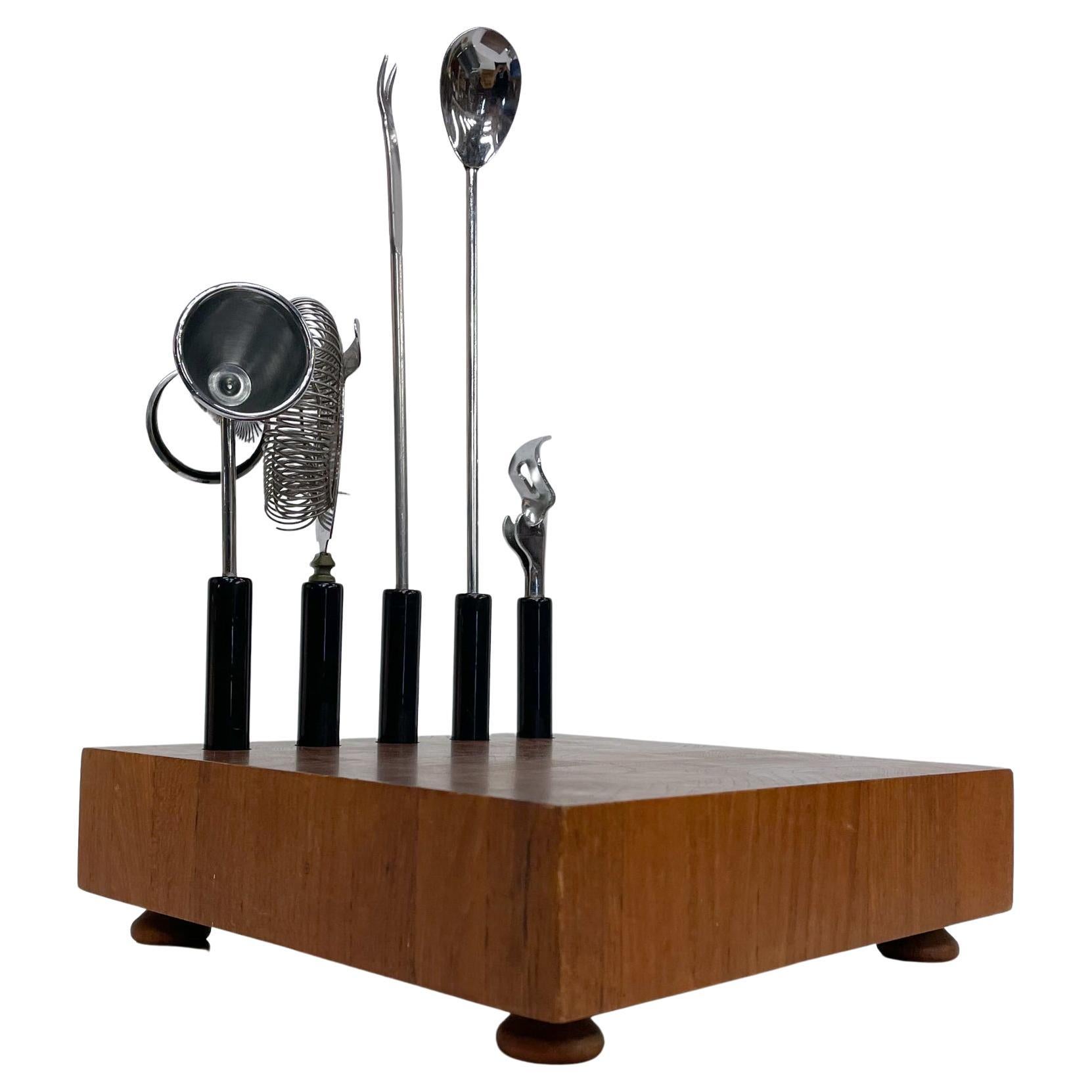 Modernist Handcrafted Teak Cocktail Bar Tool Set 1960s Hong Kong by Atapco