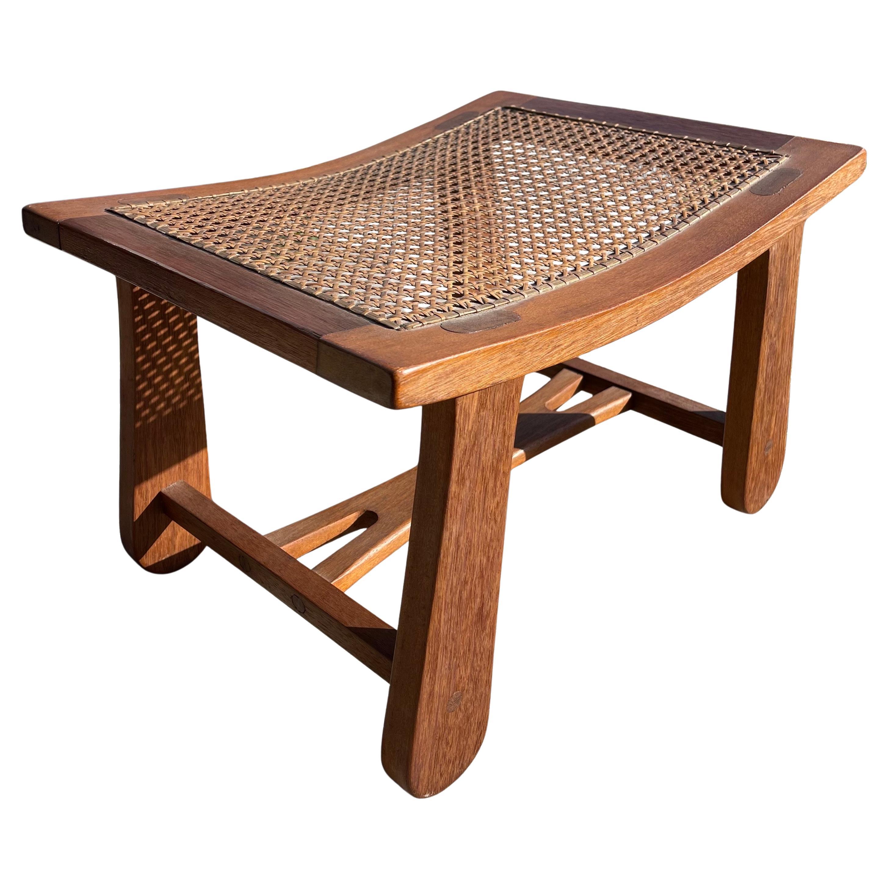 Modernist Handmade Teak & Cane Low Stool Footstool Ottoman