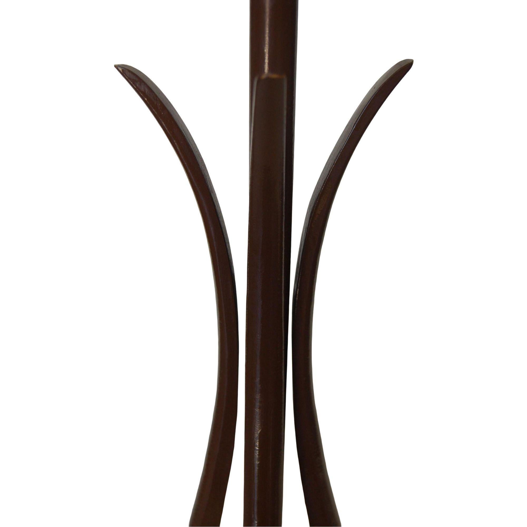 American Modernist Harp Shaped Sculptural Walnut and Brass Tone Table Lamp, Pair For Sale