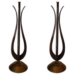Modernist Harp Shaped Sculptural Walnut and Brass Tone Table Lamp, Pair