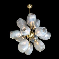 Modernist "Helios" Brass Chandelier w/ Handblown Murano Smoked Blue Glass Shades