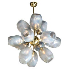 Modernist "Helios" Brass Chandelier w/ Handblown Murano Smoked Blue Glass Shades