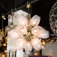 Modernist "Helios" Brass Chandelier w/ Handblown Murano Smoked Rose Glass Shades