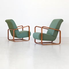 Modernist High Back Armchairs, Walnut Veneer Fabric/ Leather Upholstery, Bespoke