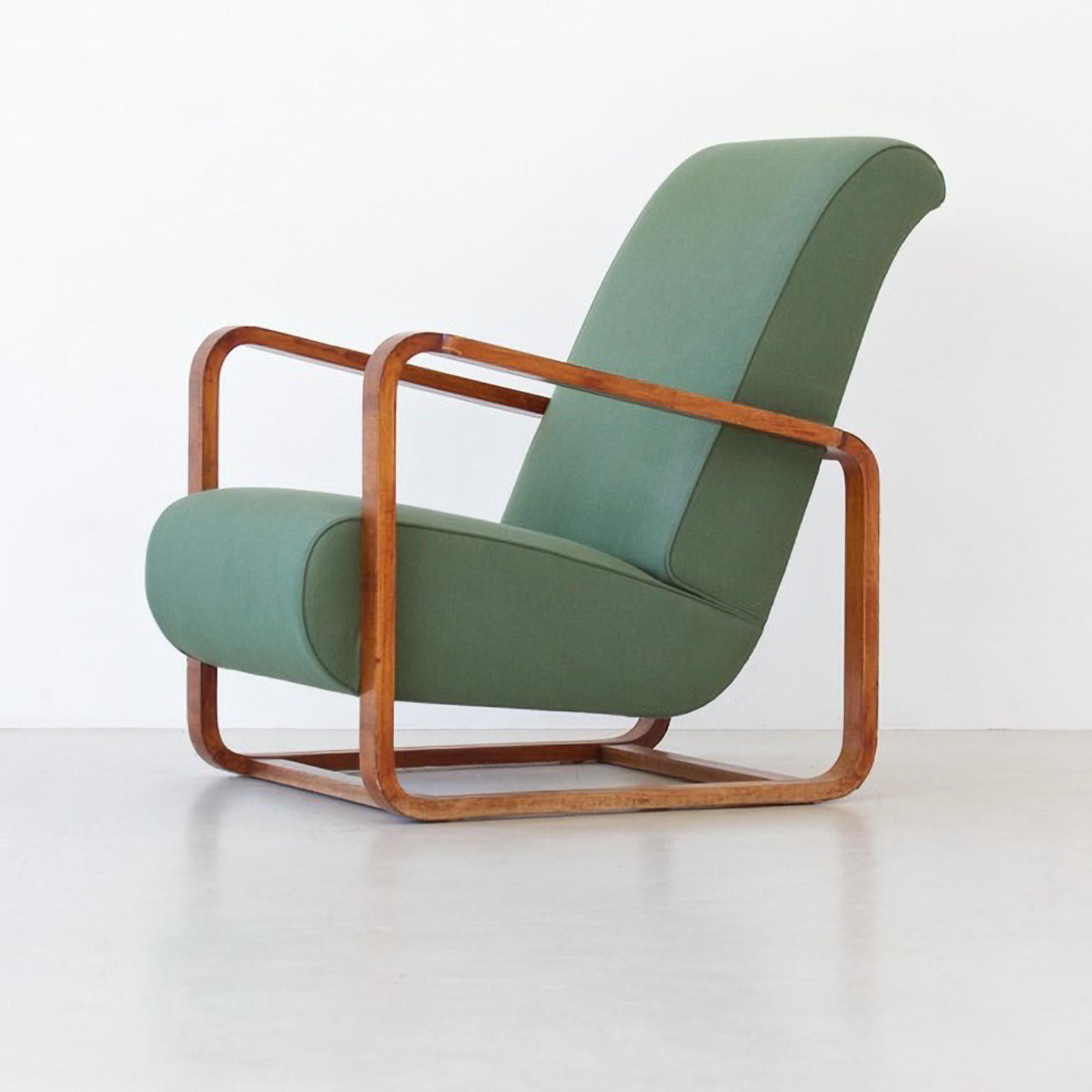 Art Deco Modernist High Back Armchairs, Walnut Veneer Fabric/ Leather Upholstery, Bespoke For Sale