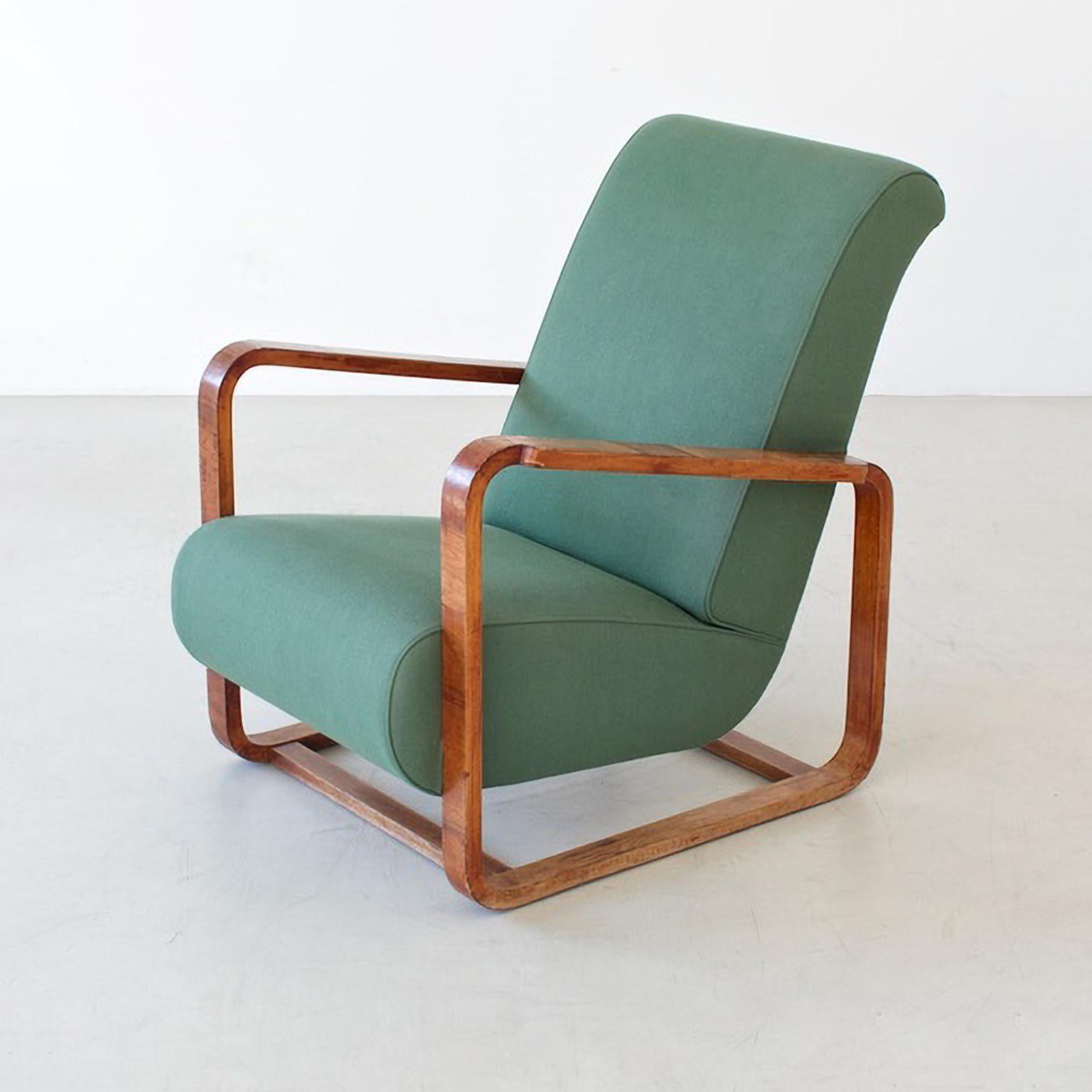 Austrian Modernist High Back Armchairs, Walnut Veneer Fabric/ Leather Upholstery, Bespoke For Sale