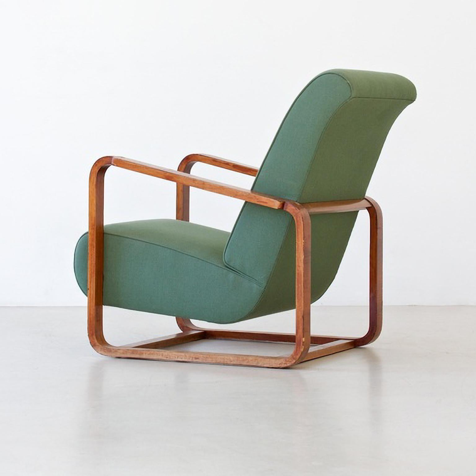 Modernist High Back Armchairs, Walnut Veneer Fabric/ Leather Upholstery, Bespoke For Sale 1