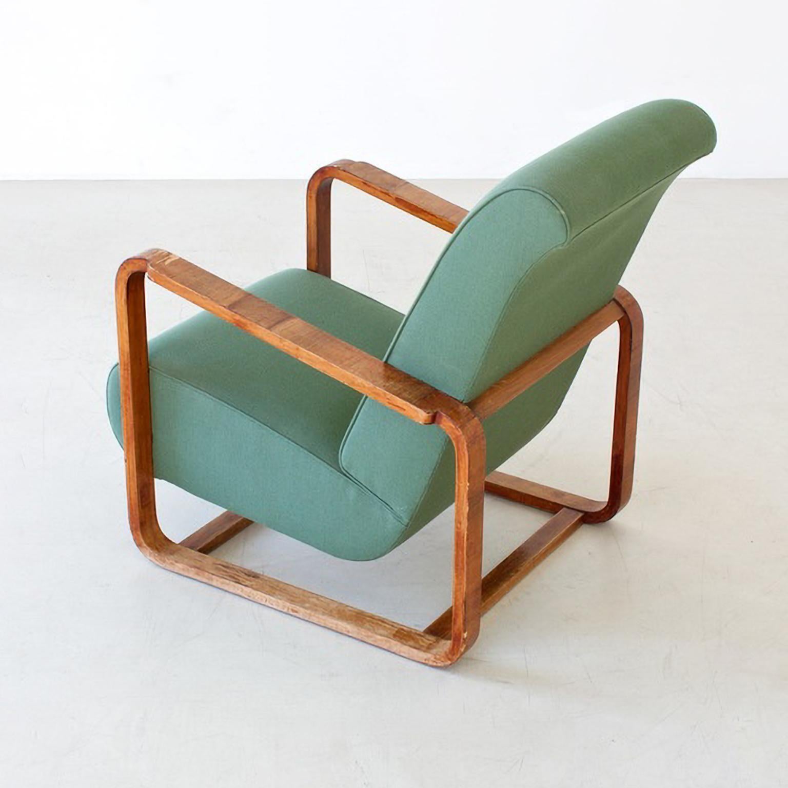 Modernist High Back Armchairs, Walnut Veneer Fabric/ Leather Upholstery, Bespoke For Sale 1