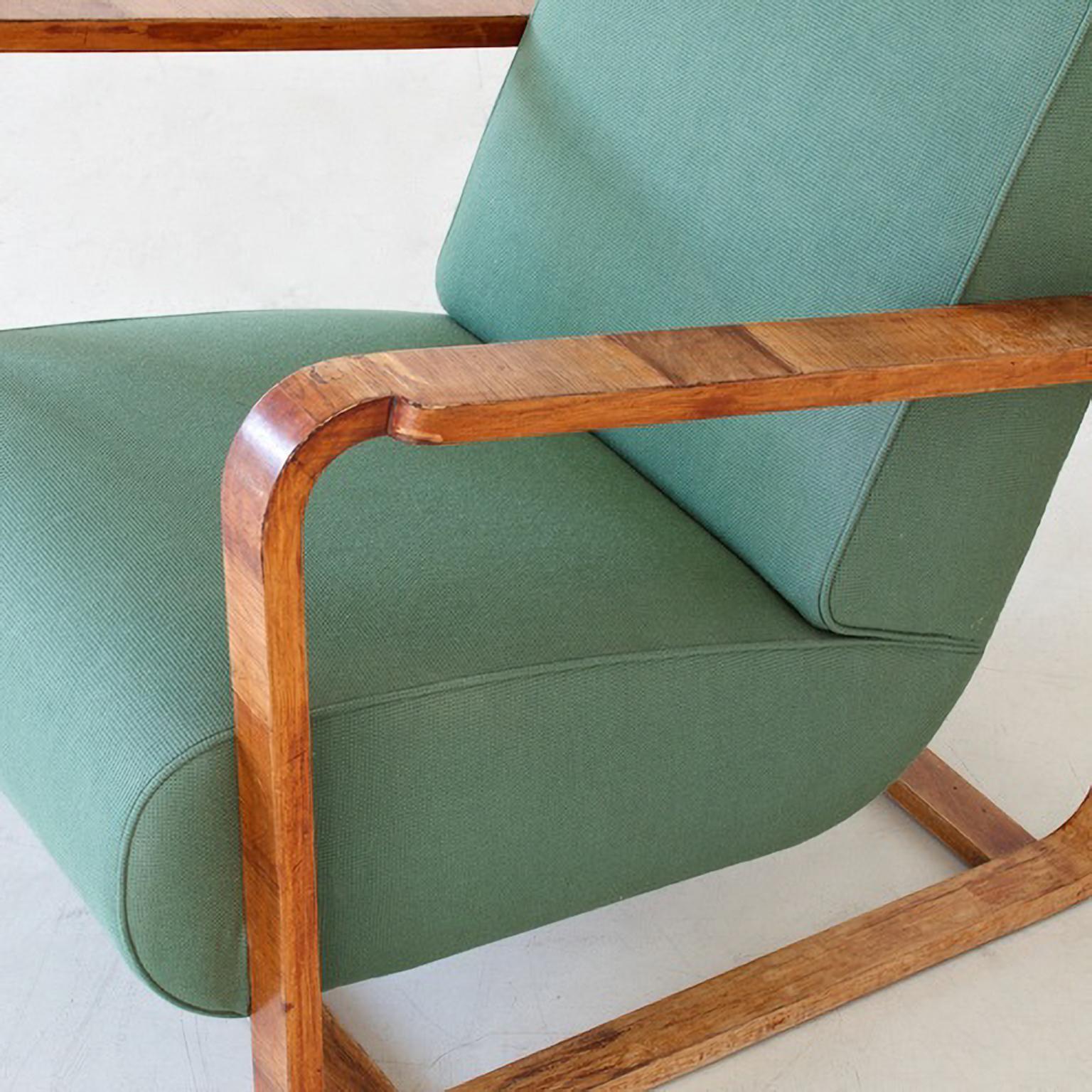 Modernist High Back Armchairs, Walnut Veneer Fabric/ Leather Upholstery, Bespoke For Sale 2