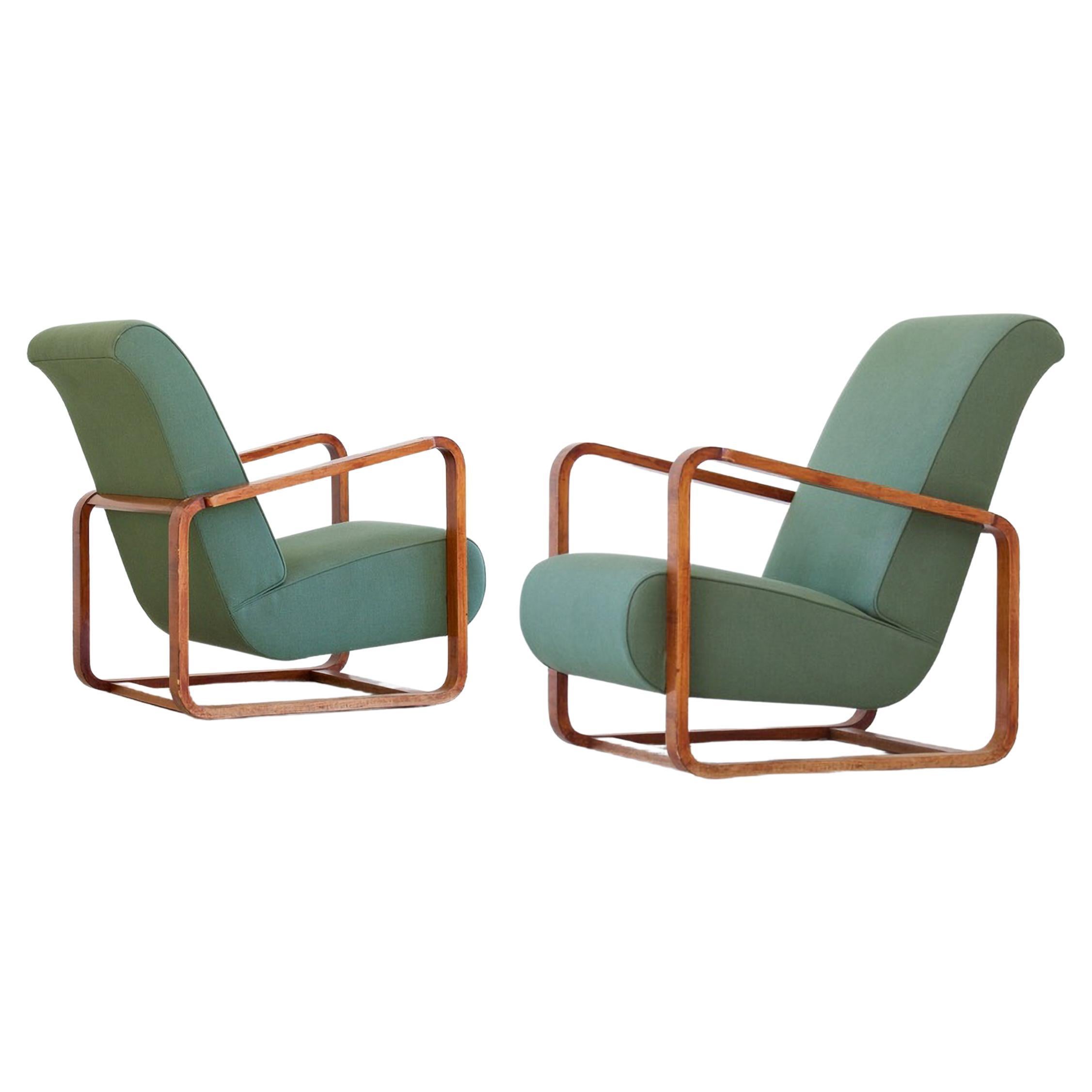 Modernist High Back Armchairs, Walnut Veneer Fabric/ Leather Upholstery, Bespoke For Sale