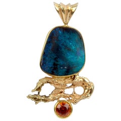 Vintage Modernist High Karat Gold, Opal and Madeira Citrine Pendant