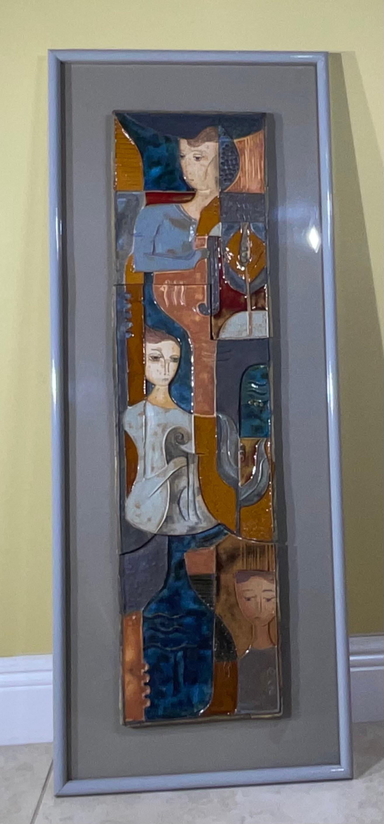  elegant, modernist figurative ceramic tile wall hanging hand-painted and glazed The tile framed on floating glass and a simple wooden frame. 
Actual tile size : 33”.75 x 8”75 x 0.5