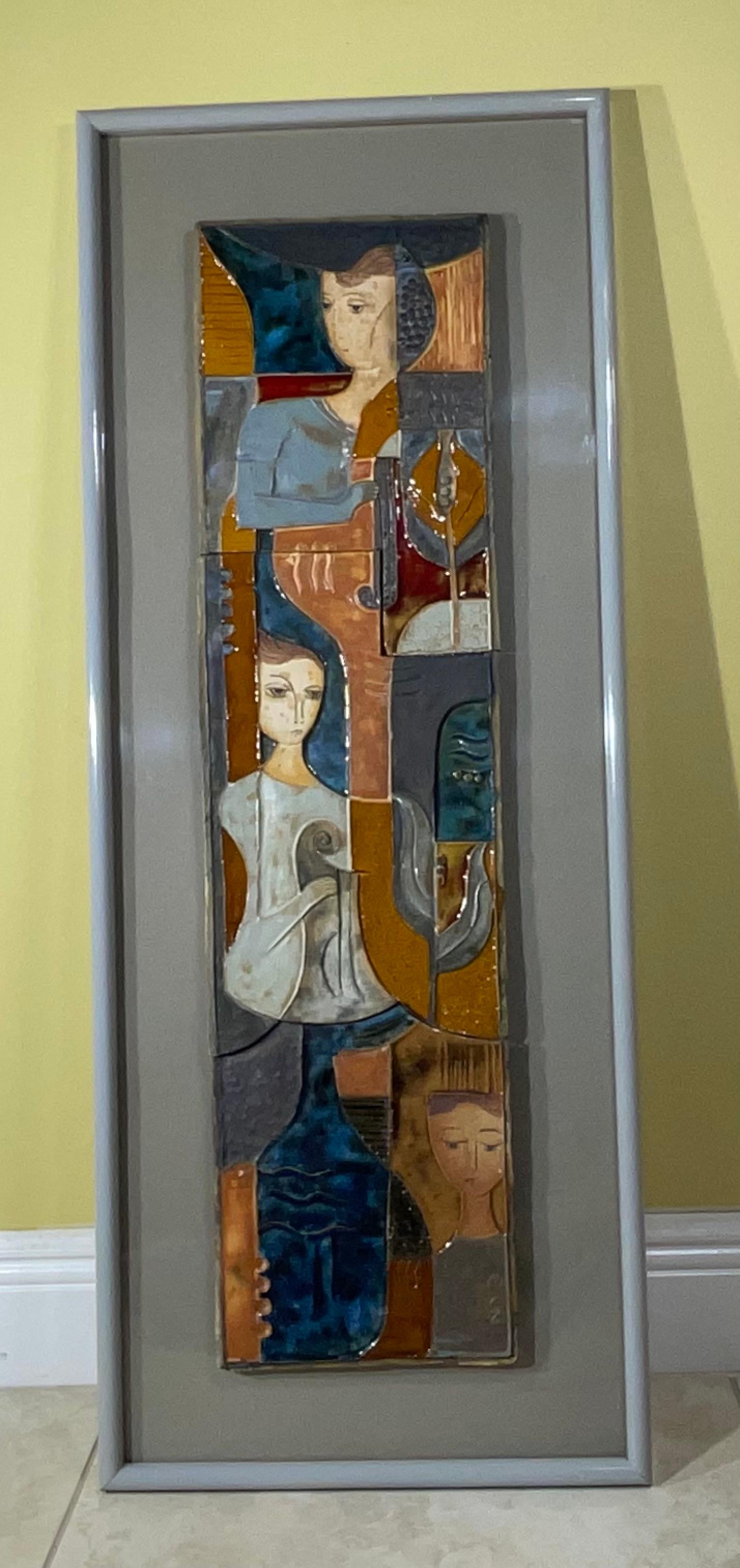 Israeli Modernist Horizontal Figurative Ceramic Tile Wall Hanging For Sale