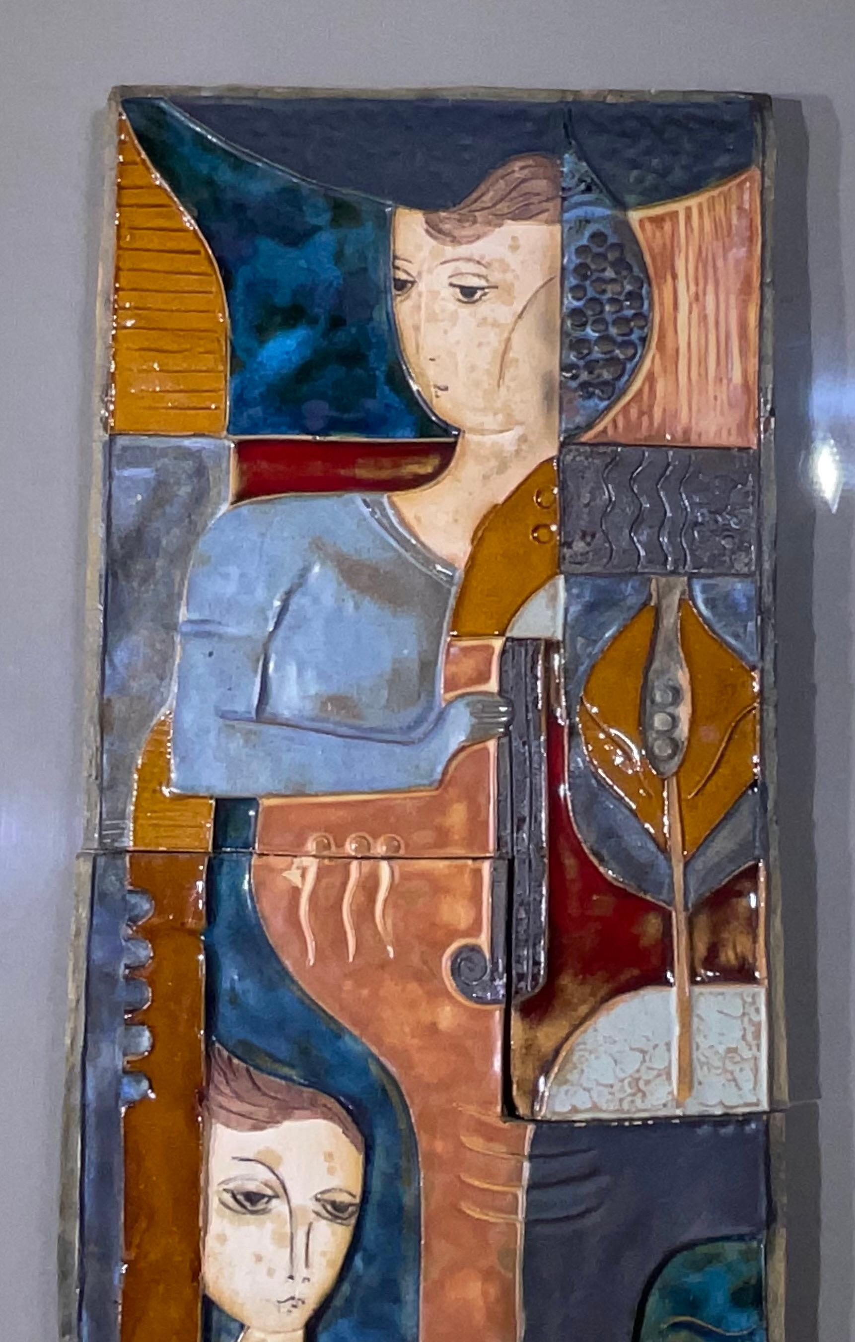 Glazed Modernist Horizontal Figurative Ceramic Tile Wall Hanging For Sale