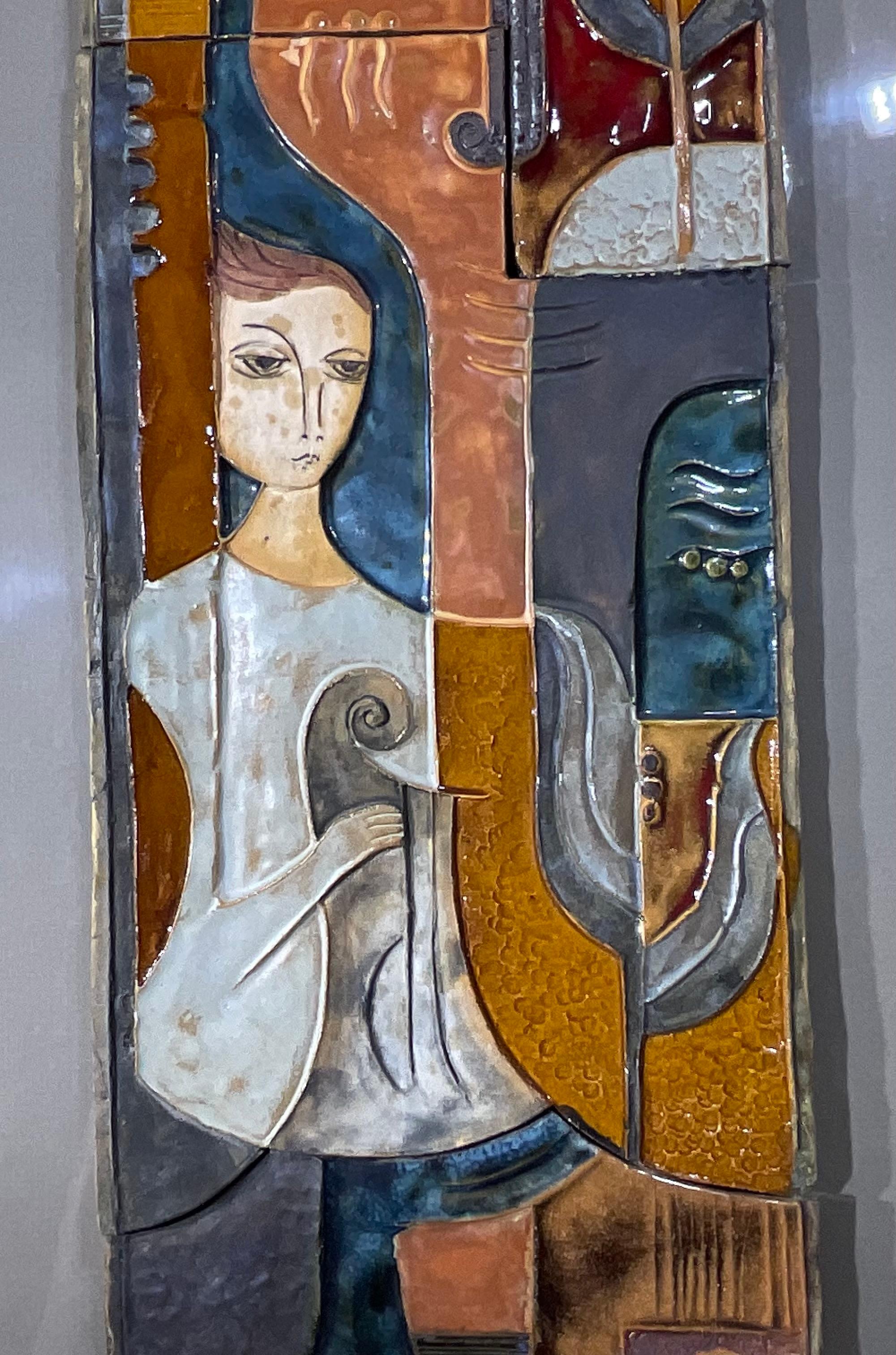 Modernist Horizontal Figurative Ceramic Tile Wall Hanging In Good Condition For Sale In Delray Beach, FL