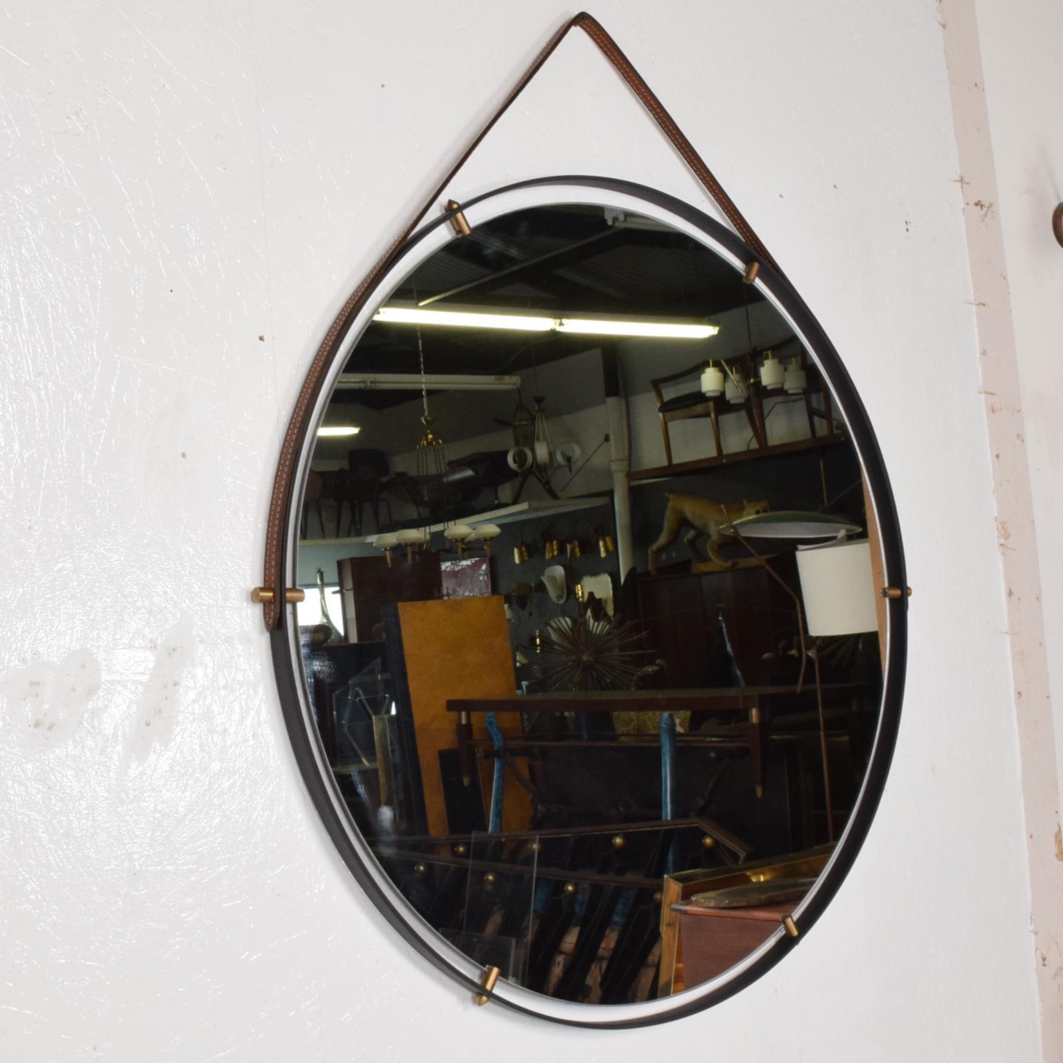 Modernist Industrial Wall Mirror Pablex with Leather Straps In Excellent Condition In Chula Vista, CA