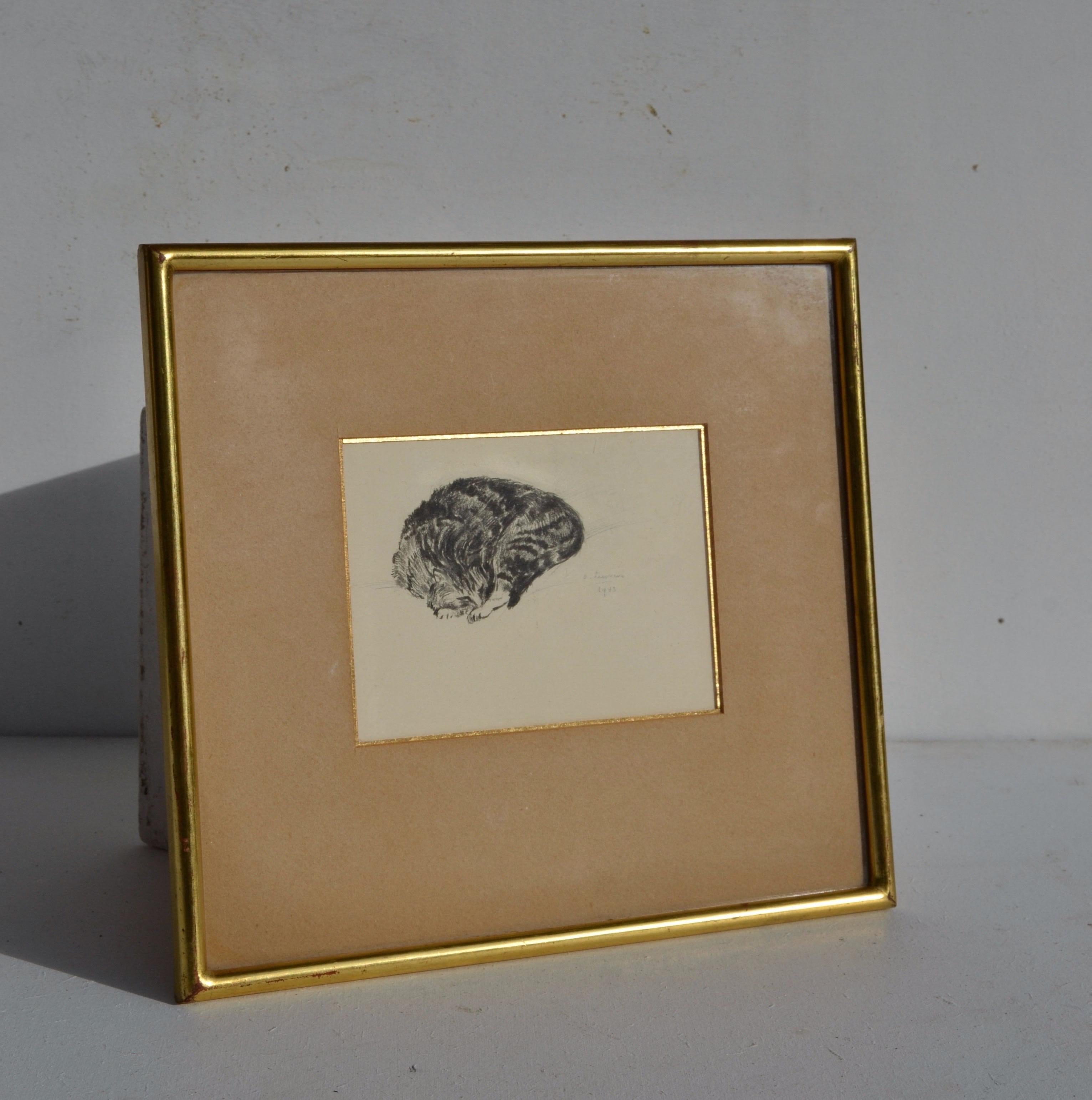 Belge Dessin à l'encre moderniste d'un chat endormi, 1943 en vente