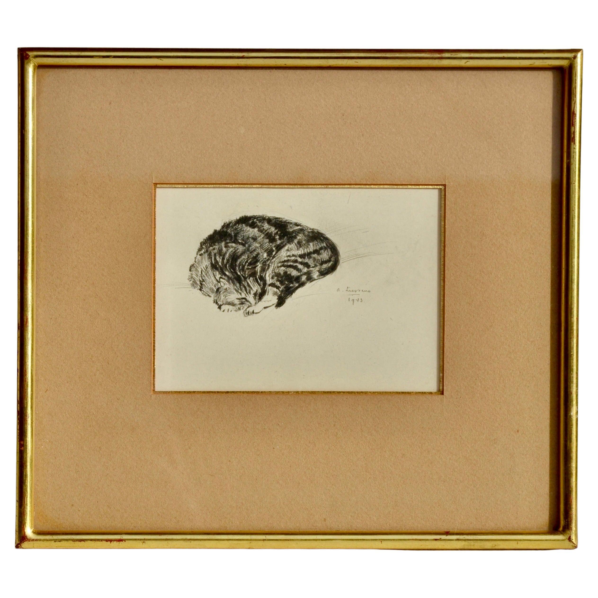 Dessin à l
encre moderniste d
un chat endormi, 1943