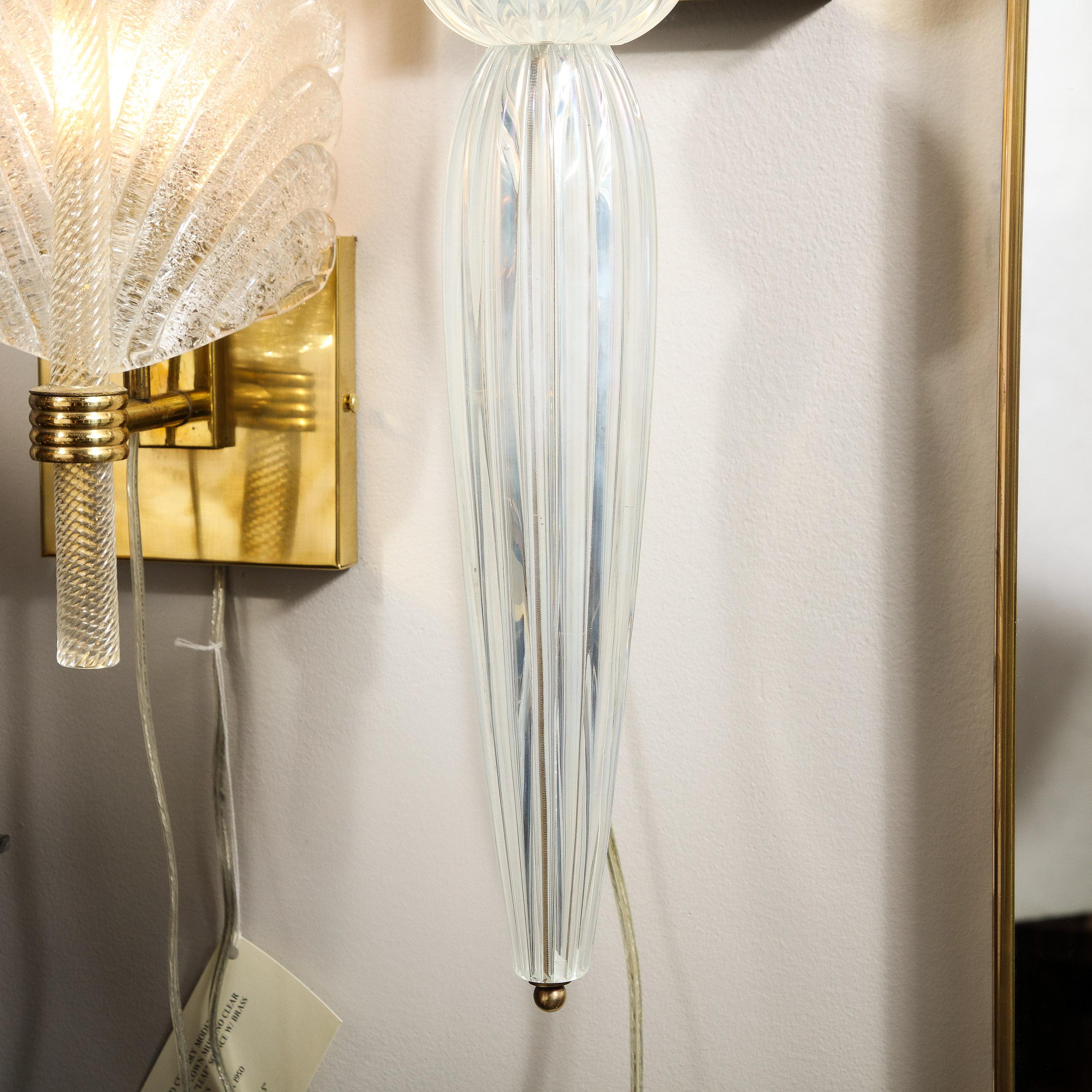 Modernist Iridescent Handblown Murano Glass & Brass Sconces w/ Elongated Drop For Sale 5