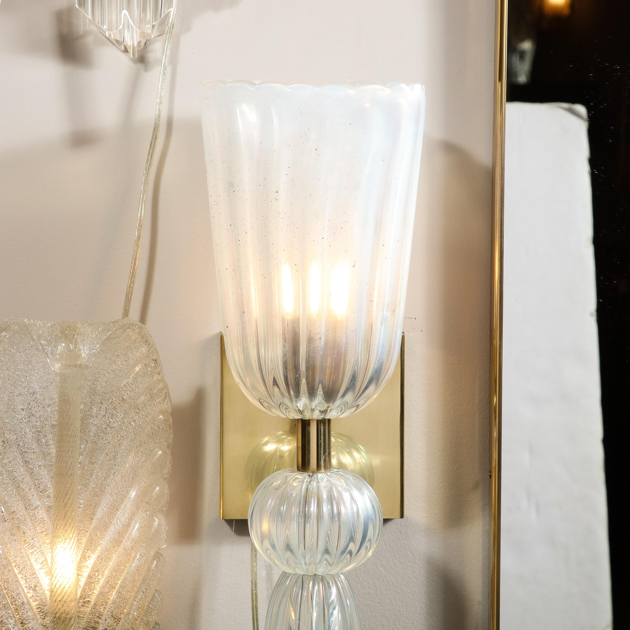 Modernist Iridescent Handblown Murano Glass & Brass Sconces w/ Elongated Drop In New Condition For Sale In New York, NY