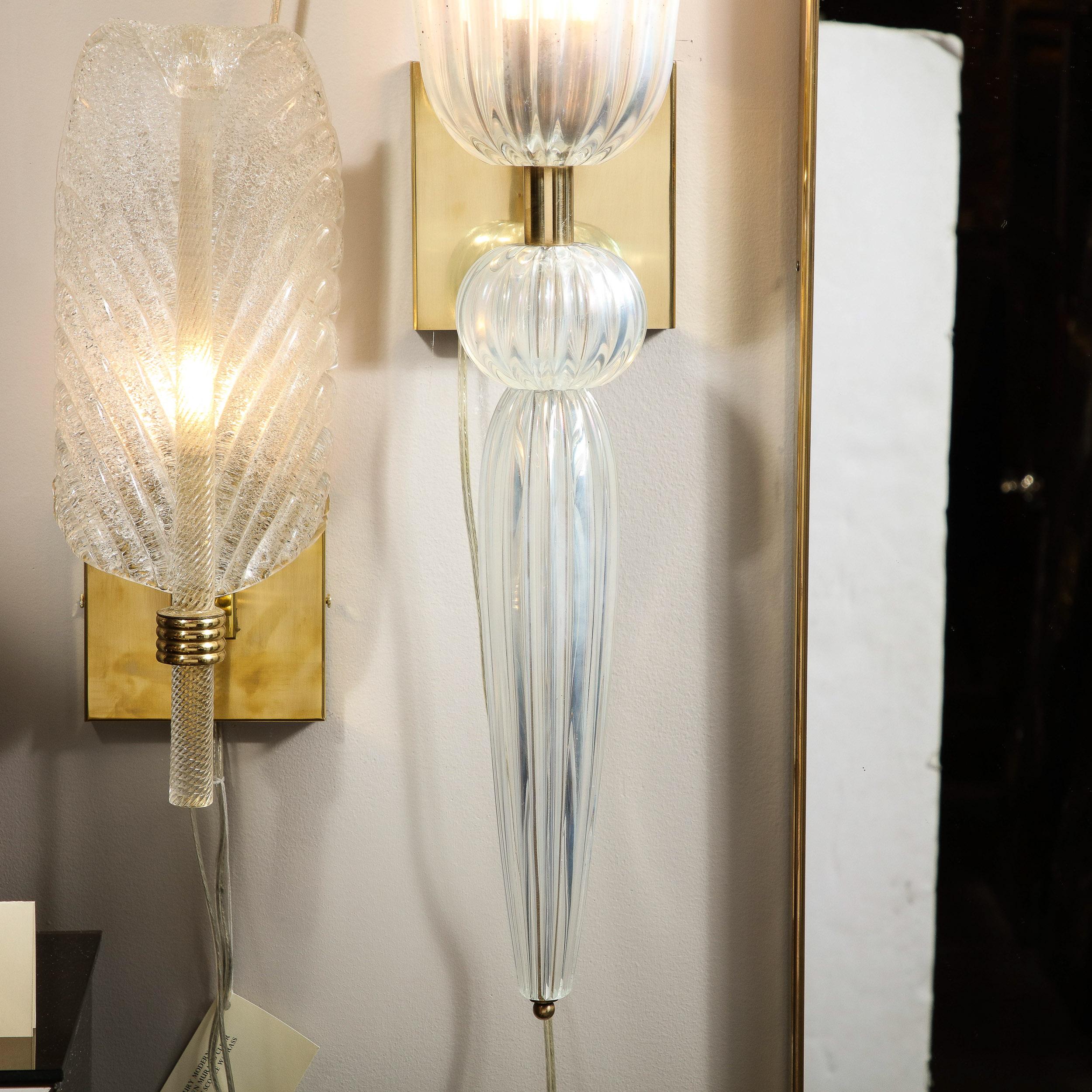 Contemporary Modernist Iridescent Handblown Murano Glass & Brass Sconces w/ Elongated Drop For Sale