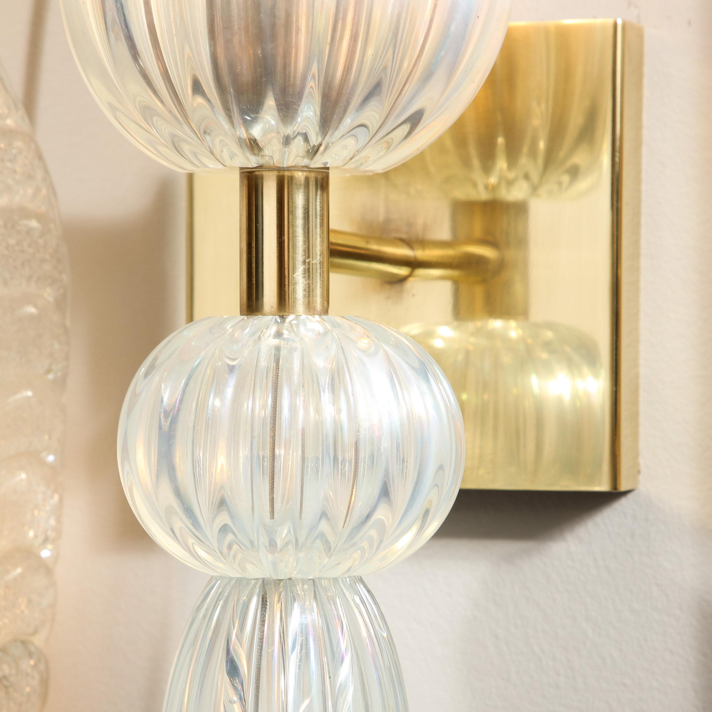 Modernist Iridescent Handblown Murano Glass & Brass Sconces w/ Elongated Drop For Sale 3