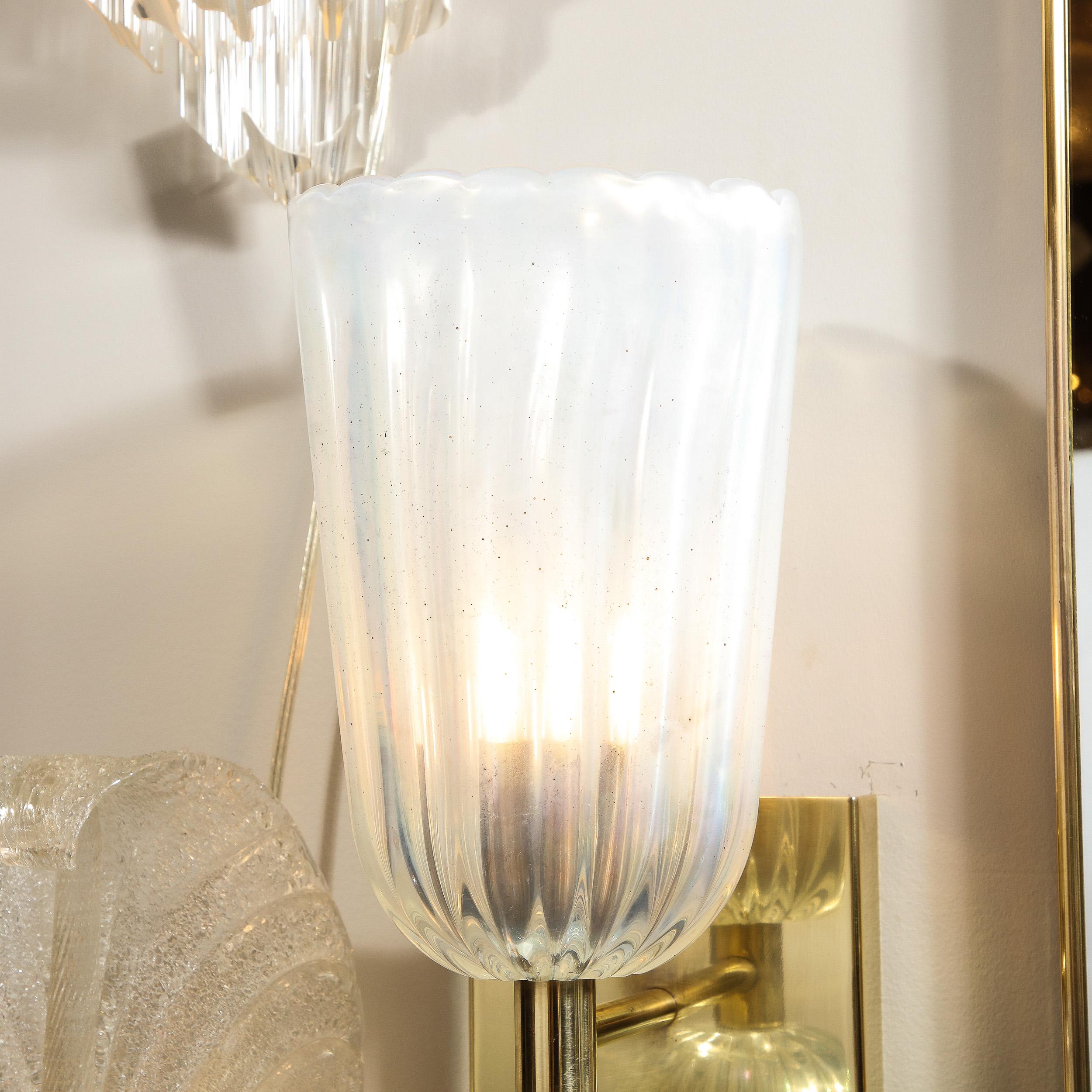 Modernist Iridescent Handblown Murano Glass & Brass Sconces w/ Elongated Drop For Sale 4