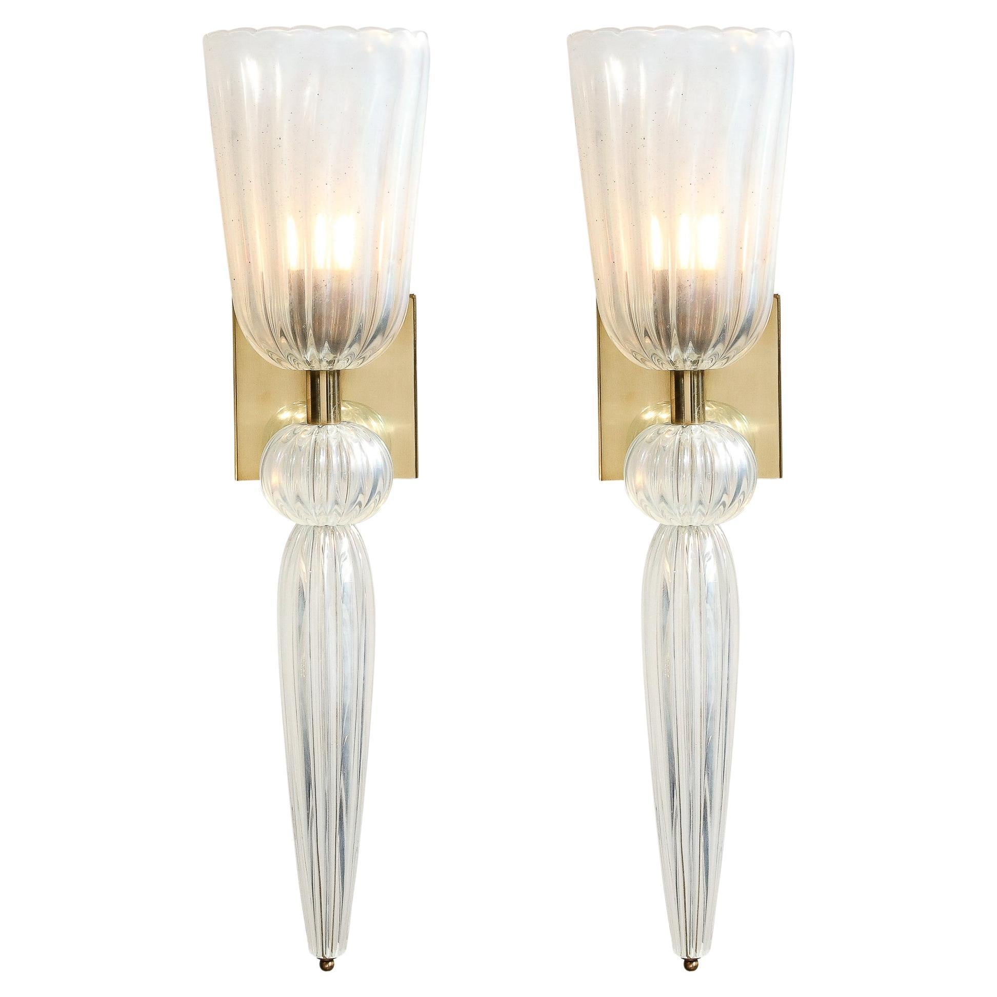 Modernist Iridescent Handblown Murano Glass & Brass Sconces w/ Elongated Drop For Sale