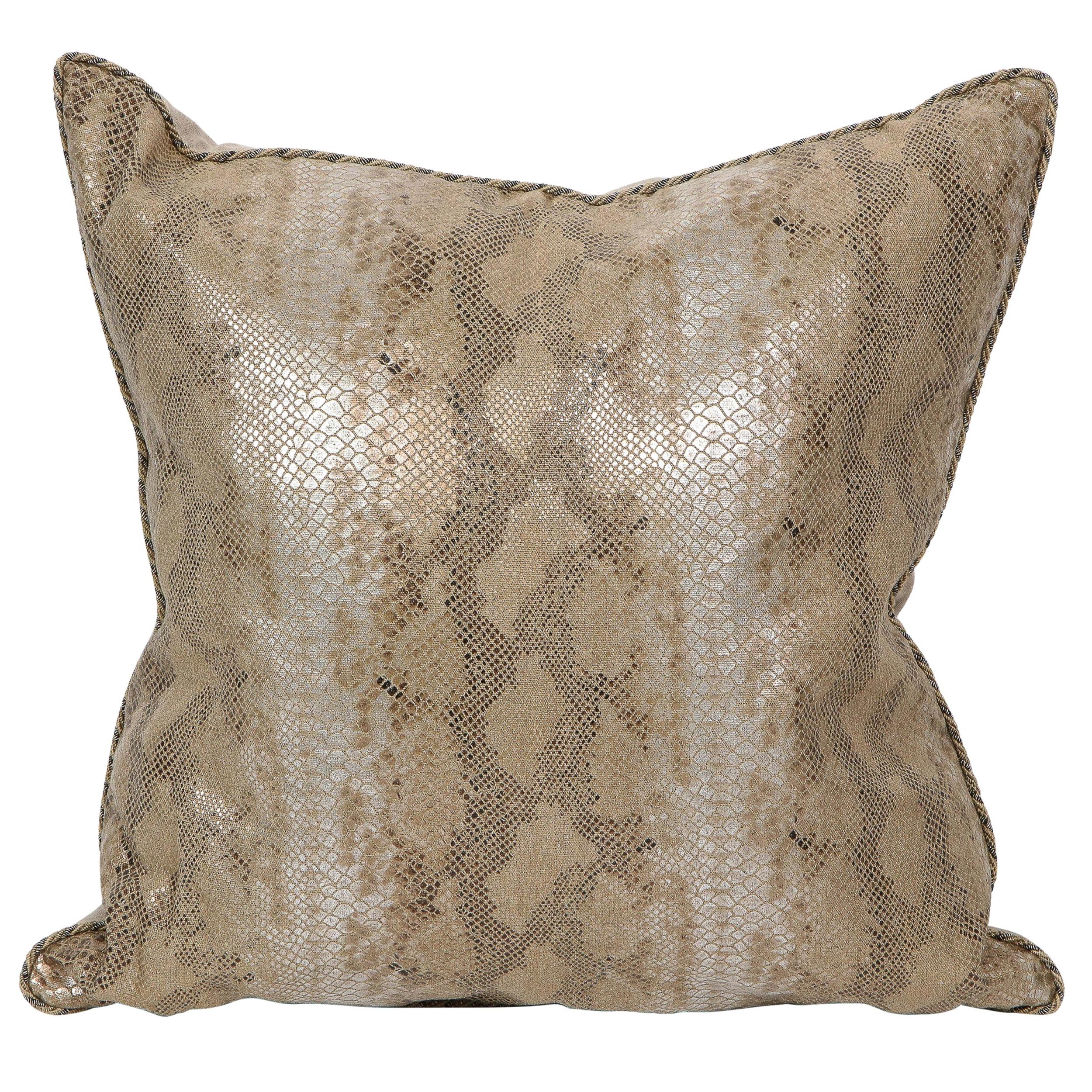 Modernist Iridescent Tan and Metallic Python Pattern Pillow with Helix Piping