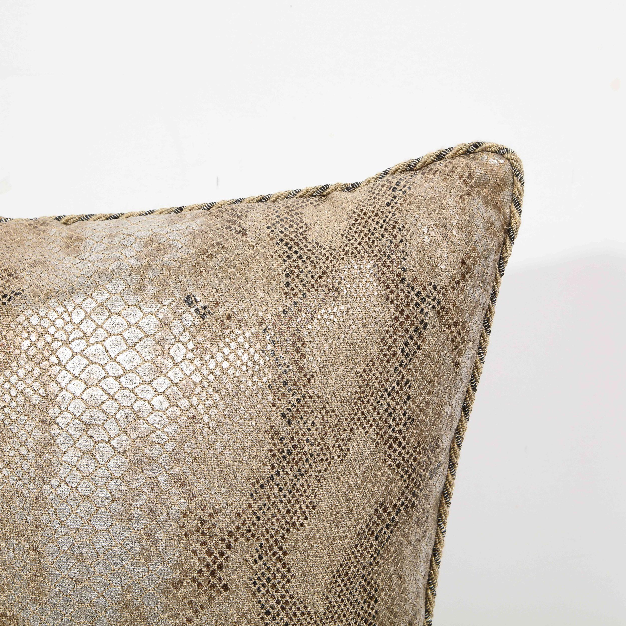 Modernist Iridescent Tan and Metallic Python Pattern Pillow with Helix Piping 4