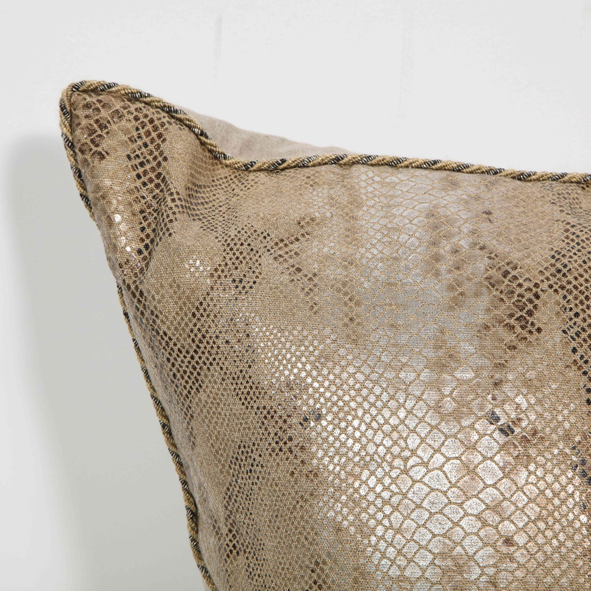 American Modernist Iridescent Tan and Metallic Python Pattern Pillow with Helix Piping