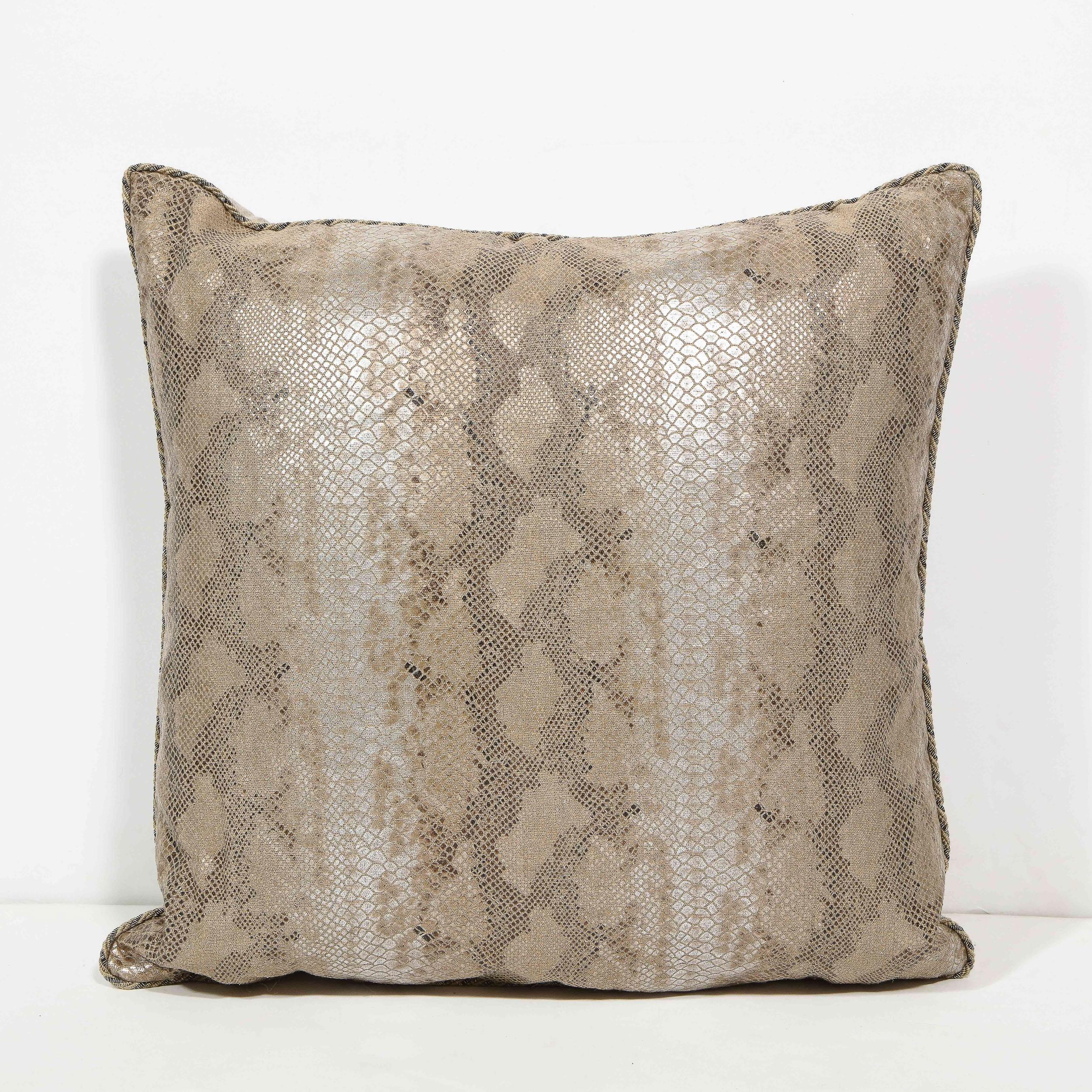 Modernist Iridescent Tan and Metallic Python Pattern Pillow with Helix Piping 3