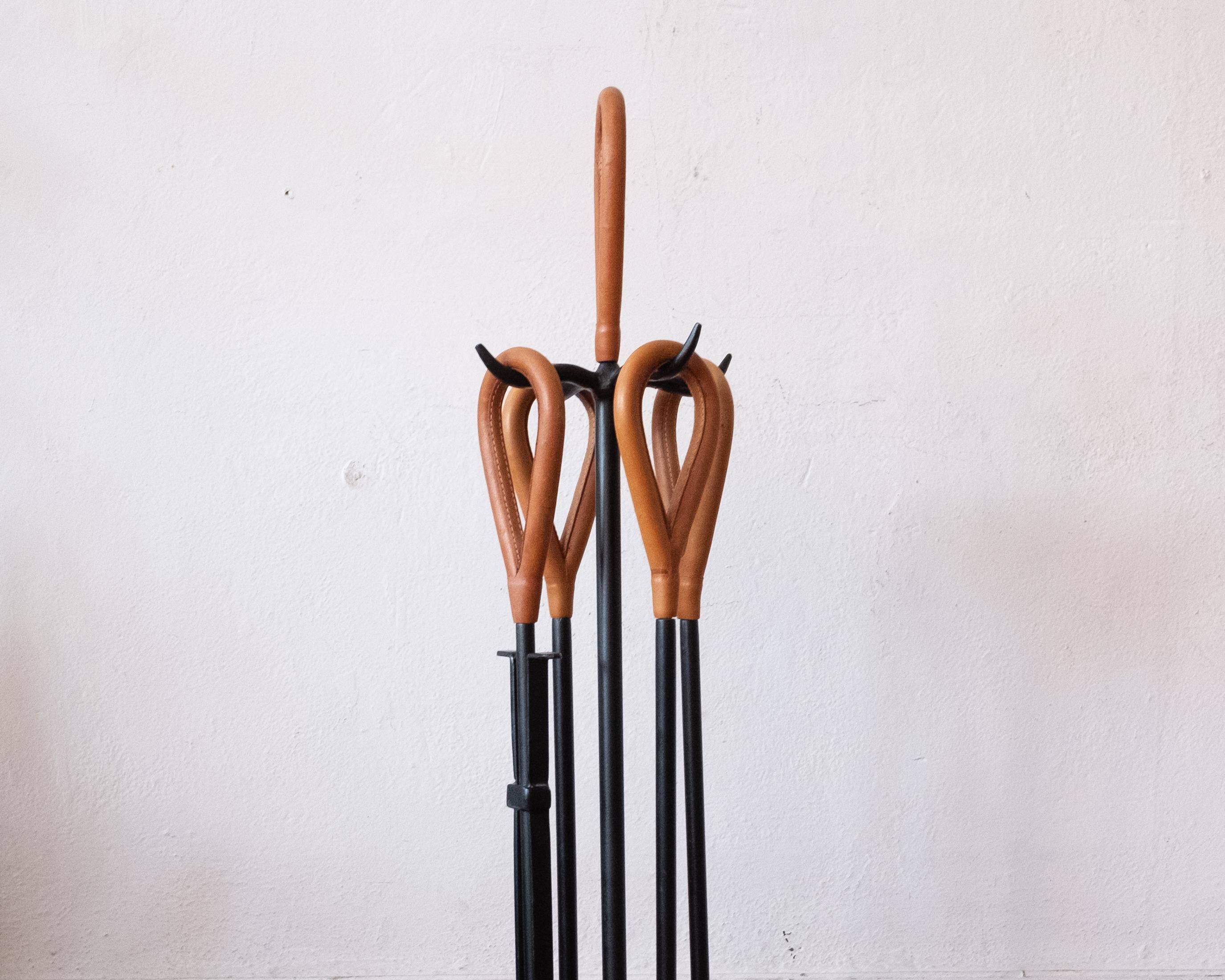 Mid-Century Modern Modernist Iron and Leather Handle Fire Place Tool Set After Jacques Adnet