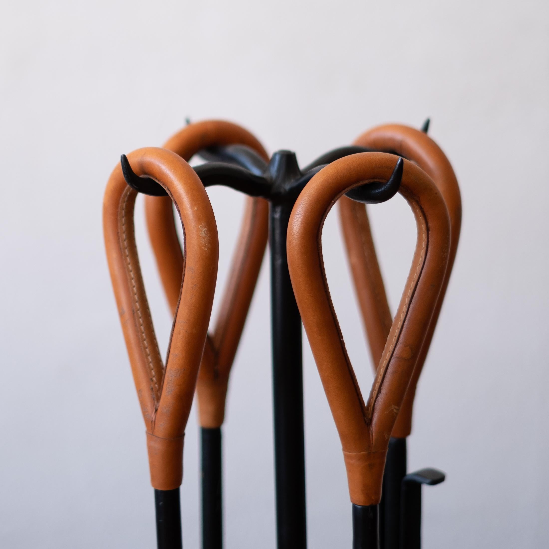 Mid-Century Modern Modernist Iron and Leather Handle Fire Place Tool Set After Jacques Adnet
