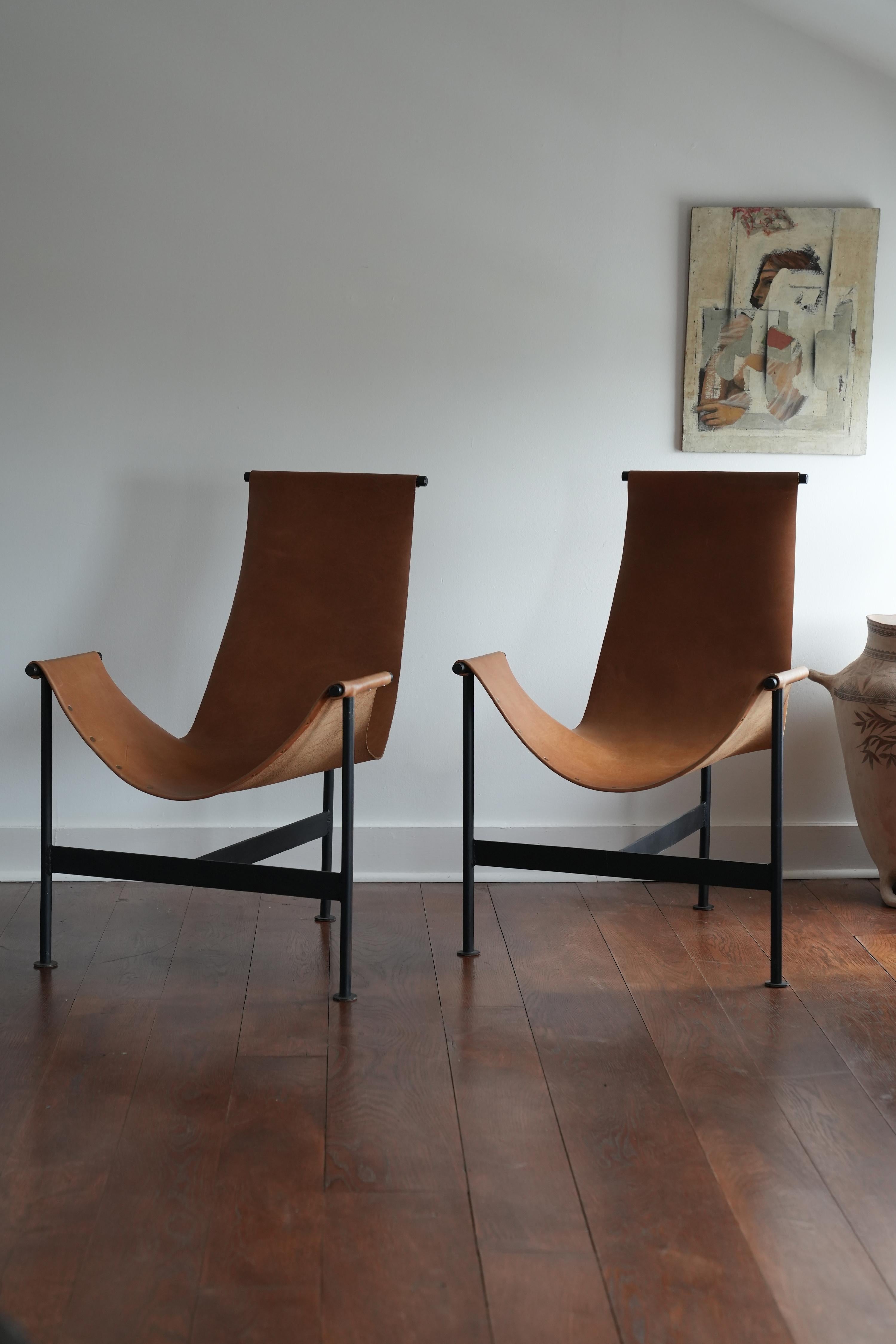 Modernist iron and leather sling chairs
Great sculptural style and comfort.