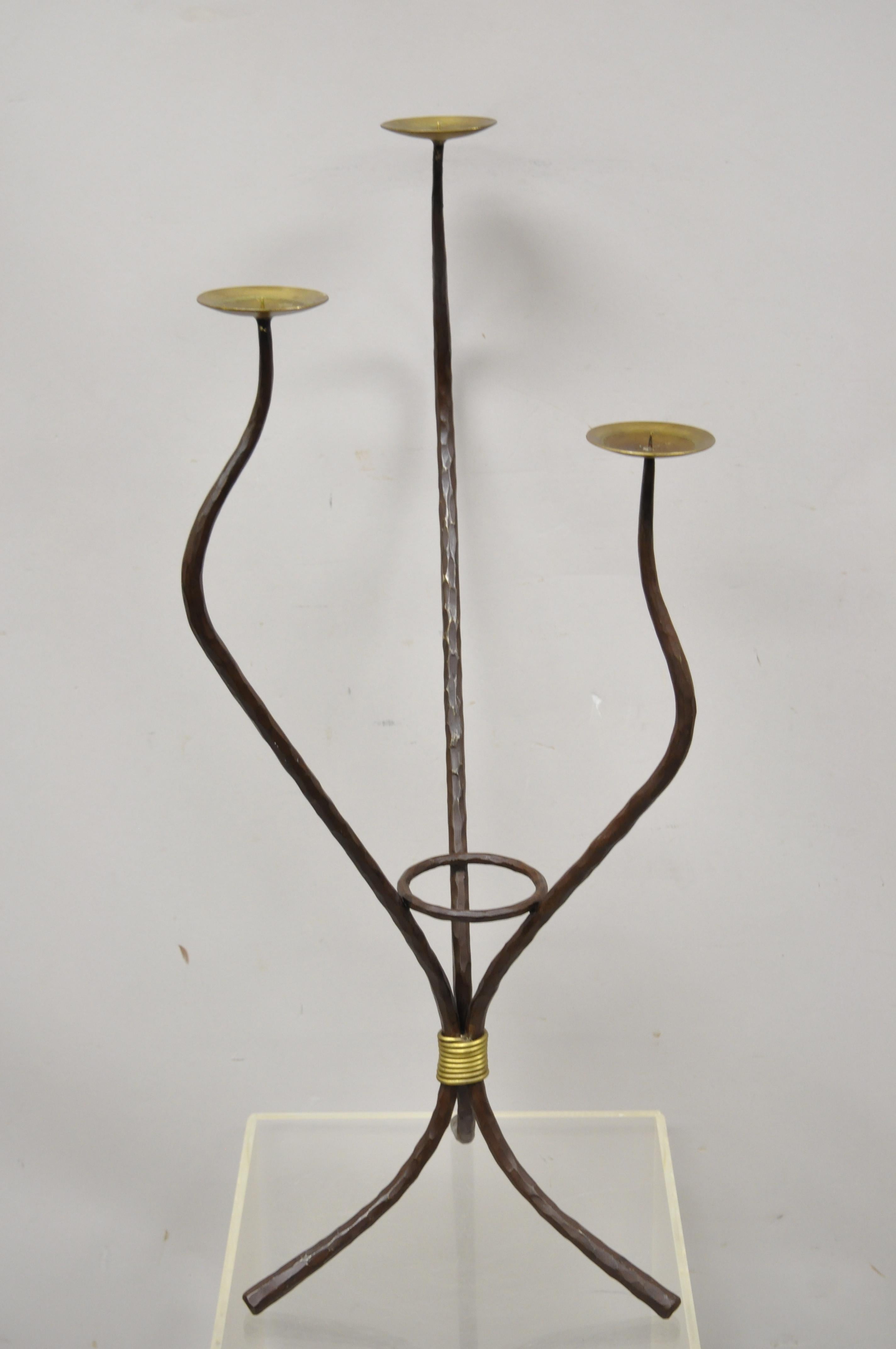 Modernist Iron Brass 3 Tier Sculptural Brutalist Floor Candleholder Candelabra For Sale 4