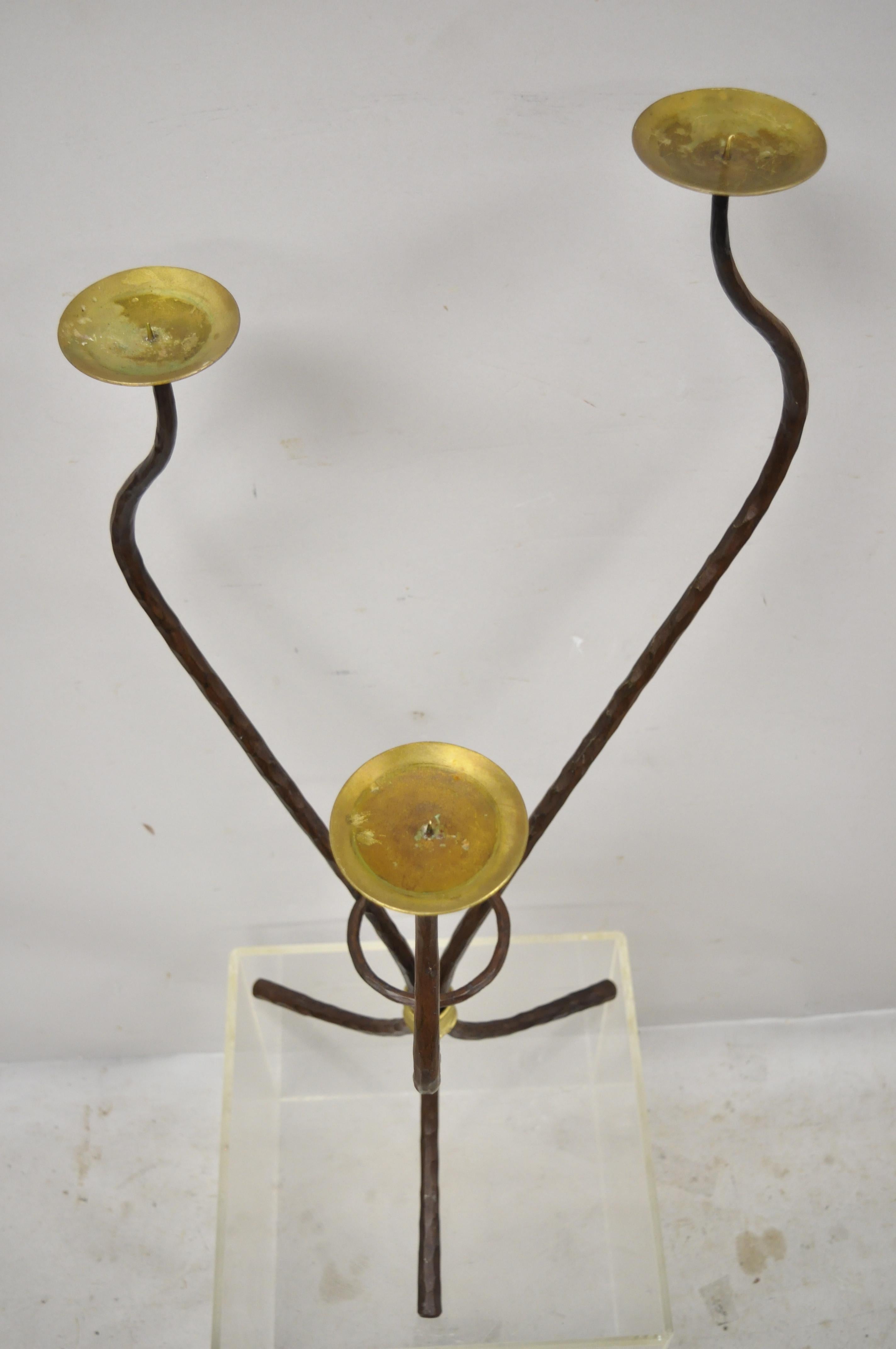 Modernist Iron Brass 3 Tier Sculptural Brutalist Floor Candleholder Candelabra In Good Condition For Sale In Philadelphia, PA