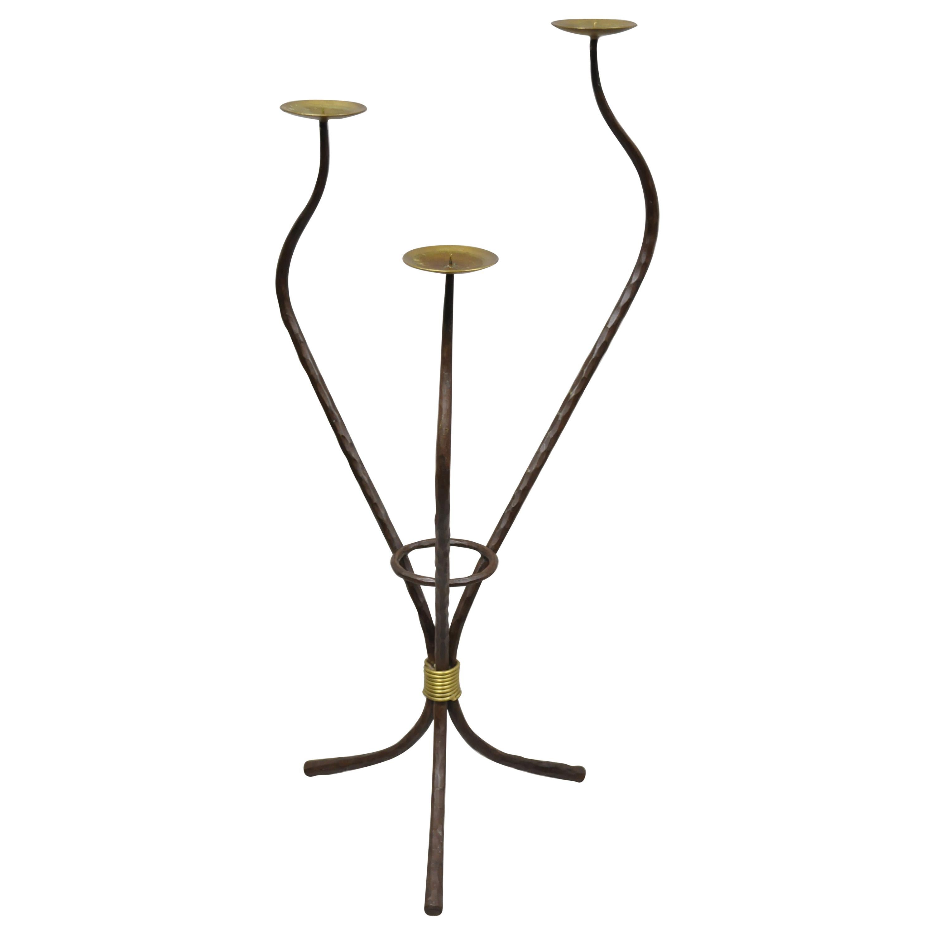 Modernist Iron Brass 3 Tier Sculptural Brutalist Floor Candleholder Candelabra