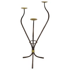 Modernist Iron Brass 3 Tier Sculptural Brutalist Floor Candleholder Candelabra