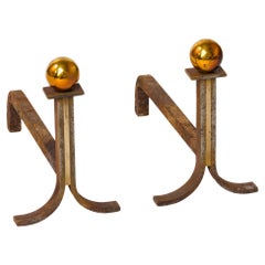 Modernist Iron & Brass Andirons with Patinated Brass Ball Heads - France 1970's