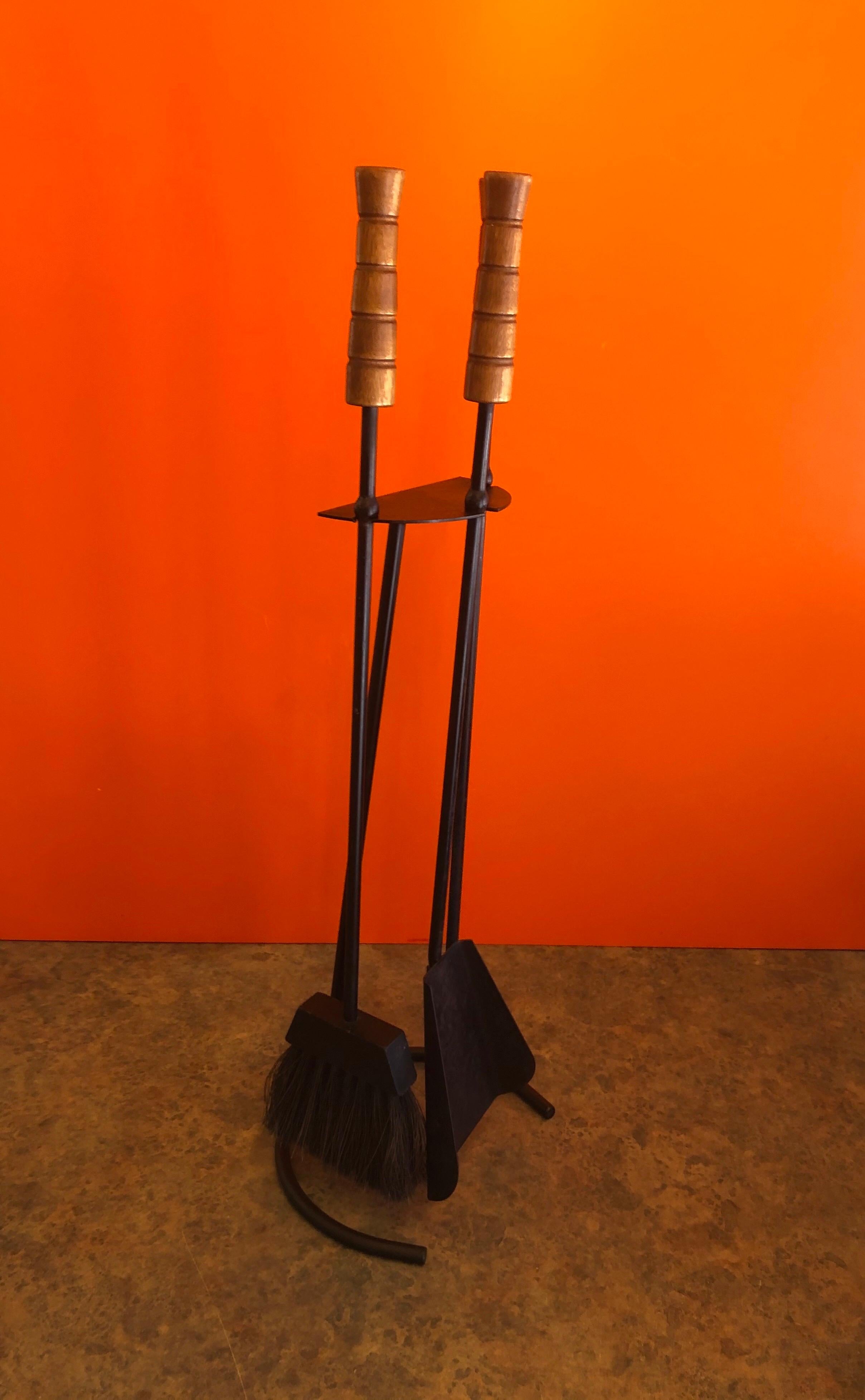 Mid-Century Modern Modernist Iron Fire Tool Set with Wood Handles