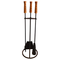 Modernist Iron Fire Tool Set with Wood Handles