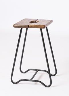 Modernist Iron & Oak Split Slats Stool - France 1960's