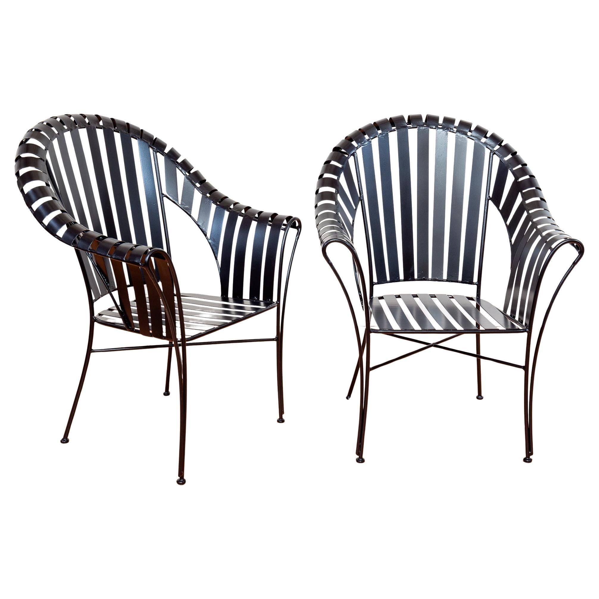 Modernist Iron Strap Garden Armchairs Pair 1980s Salterini Style Brutalist MCM