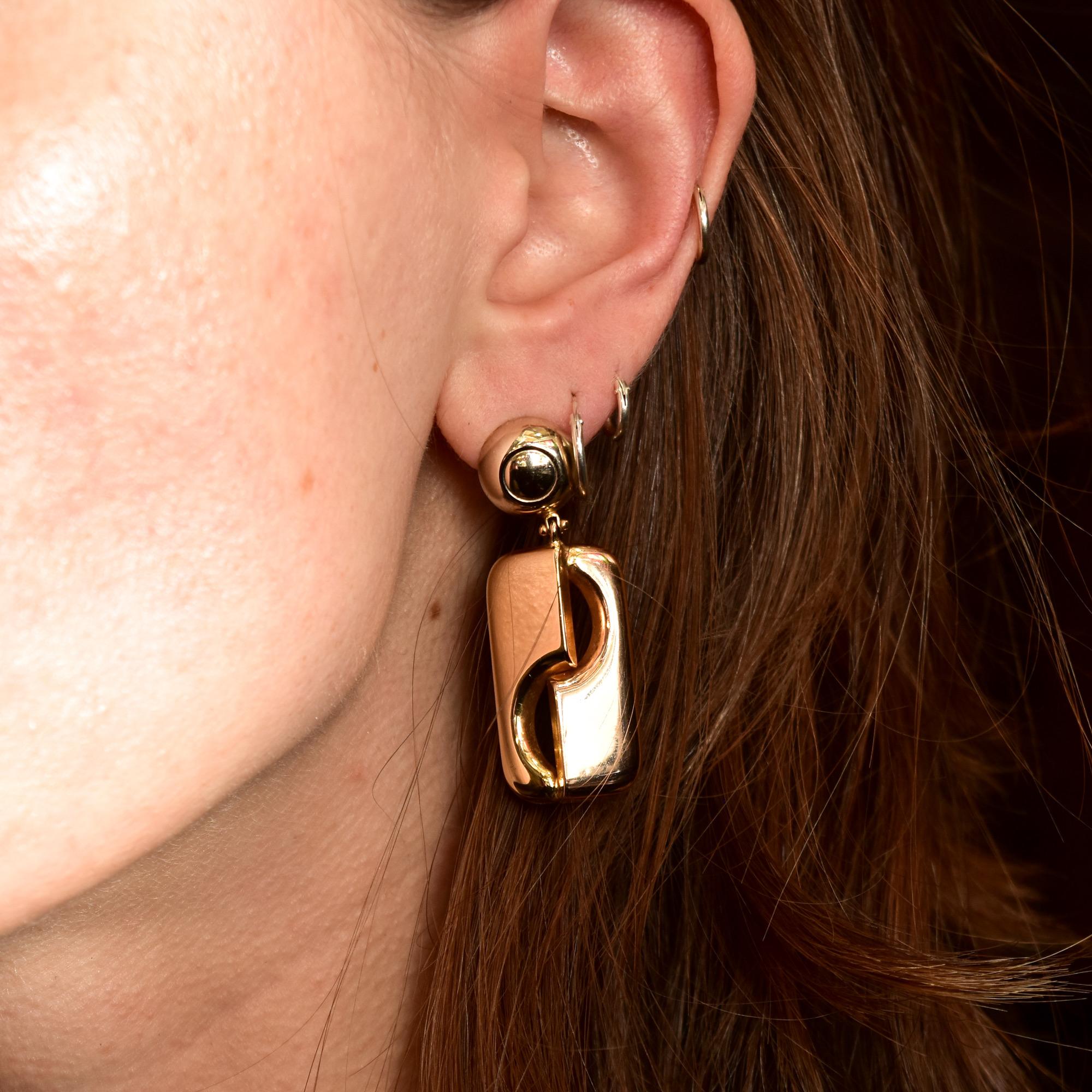 Modernist Italian 14k Yellow Gold Omega Back Dangle Drop Earrings For Sale 4